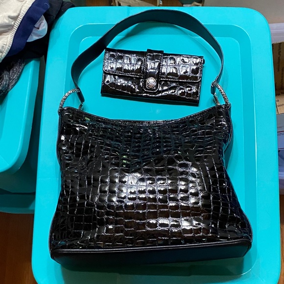 Brighton Patent Leather Black Crocodile-Embossed Women's Bag and Wallet Set! - Picture 1 of 14